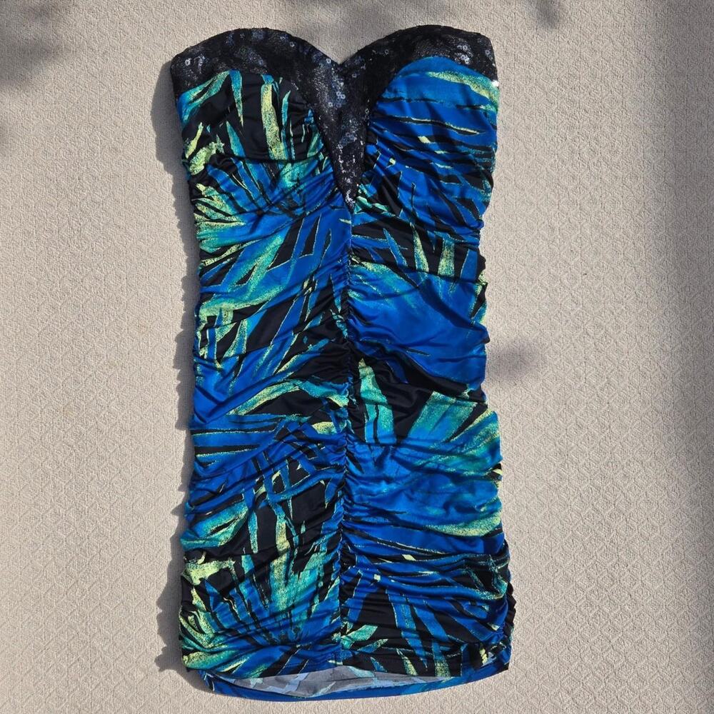 Tropical sequins ruched mini dress